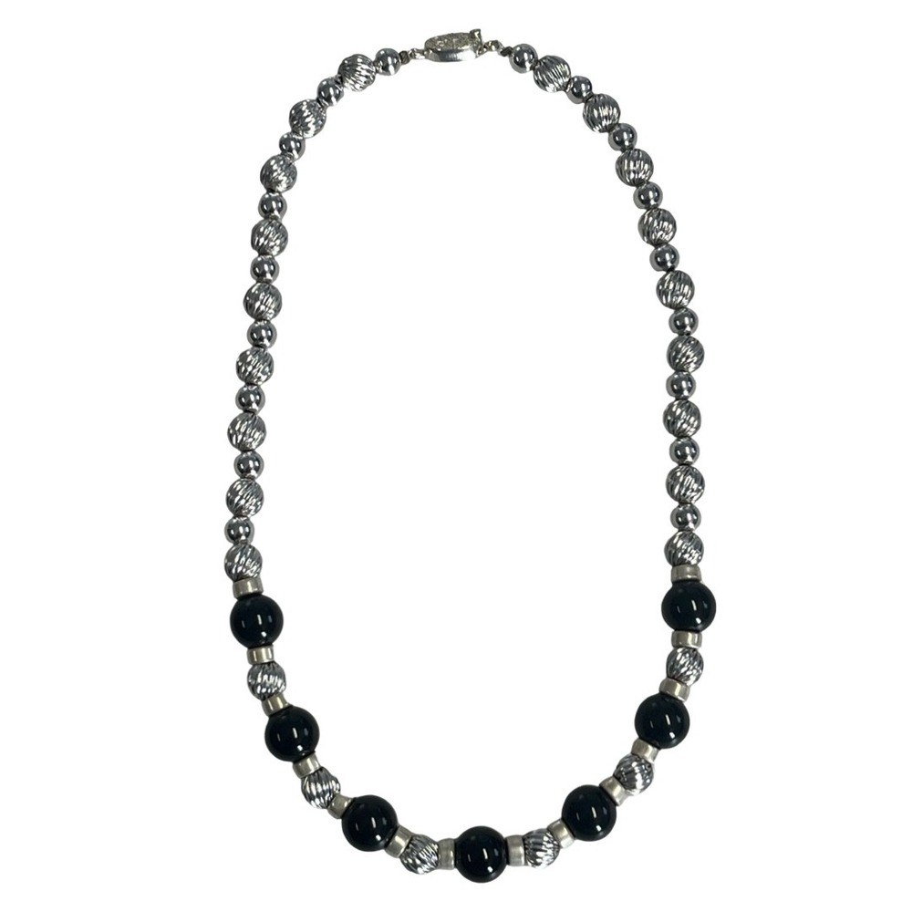 Vintage Silver and Black Onyx Beaded Necklace Filigree Clasp Marked Silver 18.5"